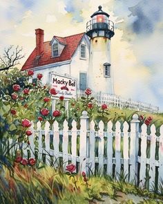 a painting of a white picket fence with red roses and a light house in the background