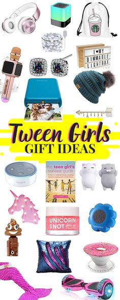 text reads "Tween Girls Gift Ideas" with gift ideas for teenage and tween girls. Photo String, Unicorn Snot, Girl Bedroom Ideas, Instant Print Camera, Fun Gift Ideas, Sequin Pillow