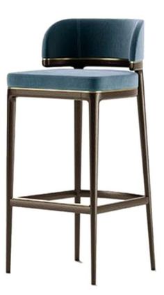 an image of a modern bar stool with blue upholstered seat and backrest