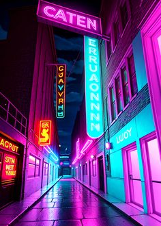 an alley way with neon signs and buildings