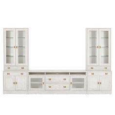 a white entertainment center with glass doors and gold trimmings on the bottom shelf