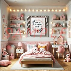 a bedroom decorated in pink and white with lights on the wall above the bed, teddy bears