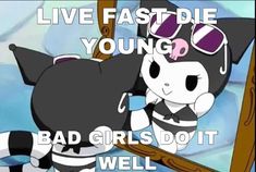 a cartoon cat with sunglasses on its head and the caption live fast die young bad girls do it well