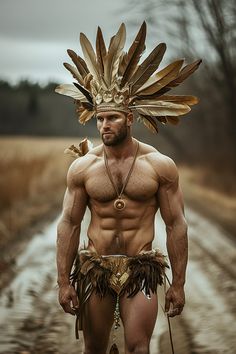 a shirtless man with feathers on his head walking down a dirt road