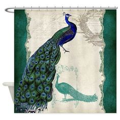 a shower curtain with a painting of a peacock and another bird on it's side