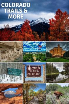 the colorado trails and more is shown in this collage with many different pictures, including mountains