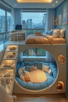 a bedroom that has a bed in the middle of it and some shelves on the side