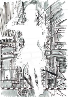 a black and white drawing of a person walking in front of a building with lots of scaffolding