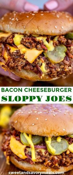 bacon cheeseburger sloppy joe's sandwich with pickles and jalapenos