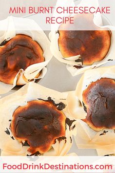 This mini burnt cheesecake recipe is a bite-sized interpretation of the classic Basque or San Sebastian Cheesecake. Made famous by La Viña, in San Sebastian, Spain, these are the perfect little snack cheesecakes or a great dessert for a party or pot luck. Essen, Small Batch Basque Burnt Cheesecake, Basque Burnt Cheesecake Cupcake, Basque Burnt Cheesecake Mini, Burnt Basque Cheesecake Mini, Mini Basque Cheesecake, Mini Basque Burnt Cheesecake, Mini Burnt Cheesecake, San Sebastian Cheesecake Recipe