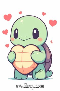 a cute little turtle holding a heart shaped object