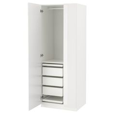 an open white closet with drawers and shelves