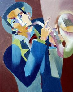 a painting of a man with a hat holding a trumpet in his right hand and wearing a blue suit