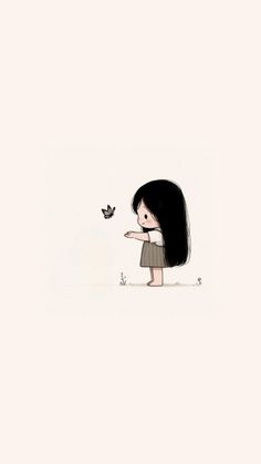 a drawing of a girl holding a bird in her hand and looking at the ground