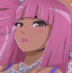 an anime character with pink hair and piercings on her chest, wearing a tiara