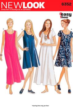 three women's dresses and one woman's dress sewing pattern from new look