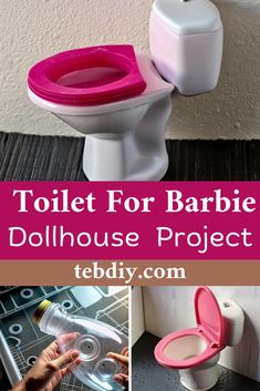 there is a collage of pictures with toilet for barbie dollhouse project in it