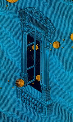 an illustration of a clock tower with yellow balls coming out of it's window