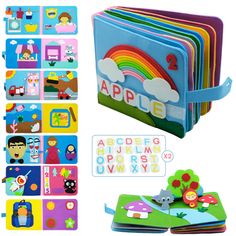 an assortment of children's books and magnets with the words apple on them