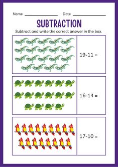 the subtraction worksheet for numbers 1 - 10 with pictures of turtles