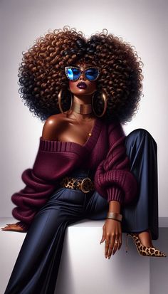 a woman with an afro is sitting on a white block wearing blue sunglasses and a purple sweater