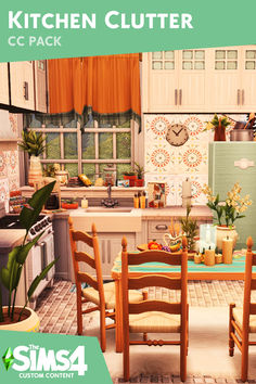 the kitchen clutter is set up with wooden chairs and table in front of it