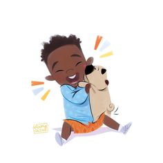 a child hugging a dog on the ground