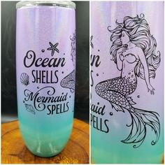 two pictures of the same glass with mermaids on it