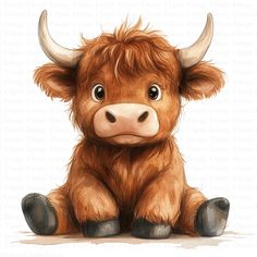 a drawing of a brown cow with big horns