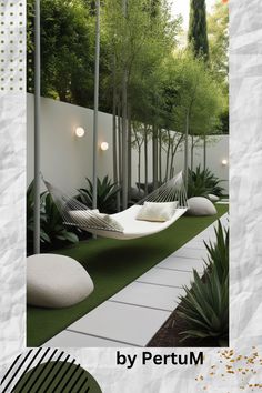 an image of a modern garden setting with trees and plants in the background, including hammock chairs