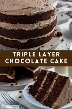 triple layer chocolate cake on a white plate with the words triple layer chocolate cake above it