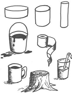 various objects are drawn in black and white on a sheet of paper, including mugs