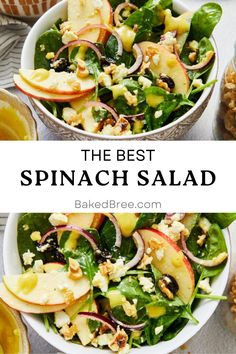 the best spinach salad with apples and walnuts in two white bowls on a table