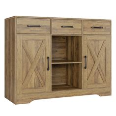 a wooden cabinet with two doors and three drawers on one side, the door is open