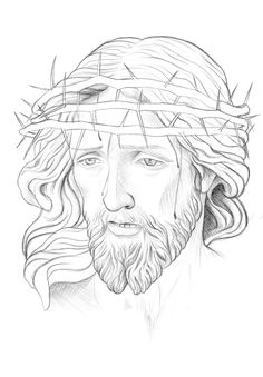 a pencil drawing of jesus wearing a crown of thorns on his head and shoulders