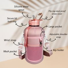 a pink water bottle with instructions on how to put it in the shape of a backpack