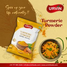 an advertisement for turmric powder with spices and seasoning on the side, in front of a brown background