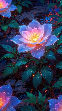 there are many flowers that have been lit up in the night sky and on the ground