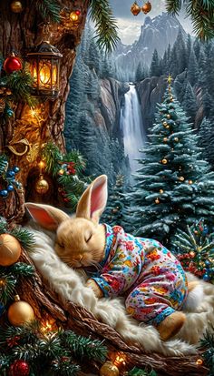 a painting of a bunny sleeping on a blanket next to a christmas tree