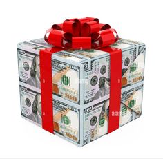 three stacks of one hundred dollar bills wrapped in red ribbon with bow on top - stock image