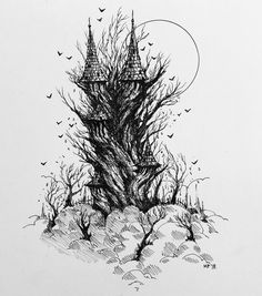 an ink drawing of a castle in the middle of trees with bats flying around it