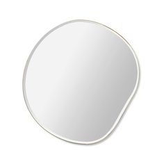 an oval shaped mirror with gold trim on the edge and white backround, against a white background