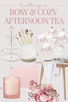 pink and white tea party with rosey & cozy afternoon tea on the table