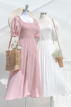 A classically romantic style, the feminine Lily of the Valley Dress is a dream in checked blush pink cotton, with a comfortable smocked elastic bodice, side-seam pockets, and tea-length skirt. Perfect for a picnic in the park, a day spent frolicking with friends, or just for lounging in with a cup of tea and your favorite novel. . Details: S: Bust 32"-38", Waist 26"-34", Length 47" M: Bust 34"-40", Waist 28"-36", Length 48" L: Bust 36"-44", Waist 32"-40", Length 49" Skirt Length Waist to Hem: 35 Cute Pink Long Dress, Innocent Style Outfits, Light Pink Dress Outfit Casual, Feminine Outfits Women, Casual Spring Dresses 2024, Pink Summer Clothes, Girly Style Aesthetic, Welcome Party Dresses, Best Friend Dresses