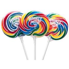 three lollipops sitting on top of each other with the word whirly pop written on them