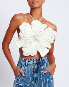 HAND-BEADED FLOWER TOP 3d Flower Top, Flower Top Outfit, Flower Tops Outfit, Glinda Dress, Flower Halter Top, Crochet Flower Top, Flower Outfit, Lace Clothes, Flower Crop Top