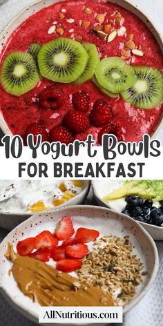 yogurt bowls for breakfast with berries, kiwis and strawberries