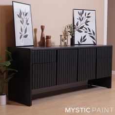 two framed pictures sit on top of a black cabinet next to a potted plant