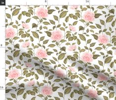 pink roses and green leaves on white background with measurements for the width of the fabric