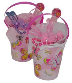 two plastic buckets filled with pink and purple items